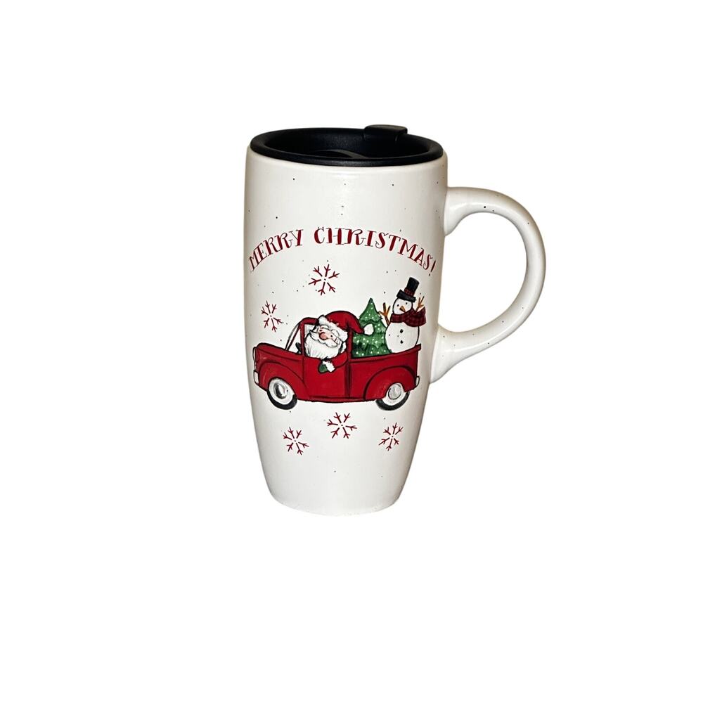 Peppermint & Pine Travel Coffee Mug With Lid! Pristine Condition! Santa Driving